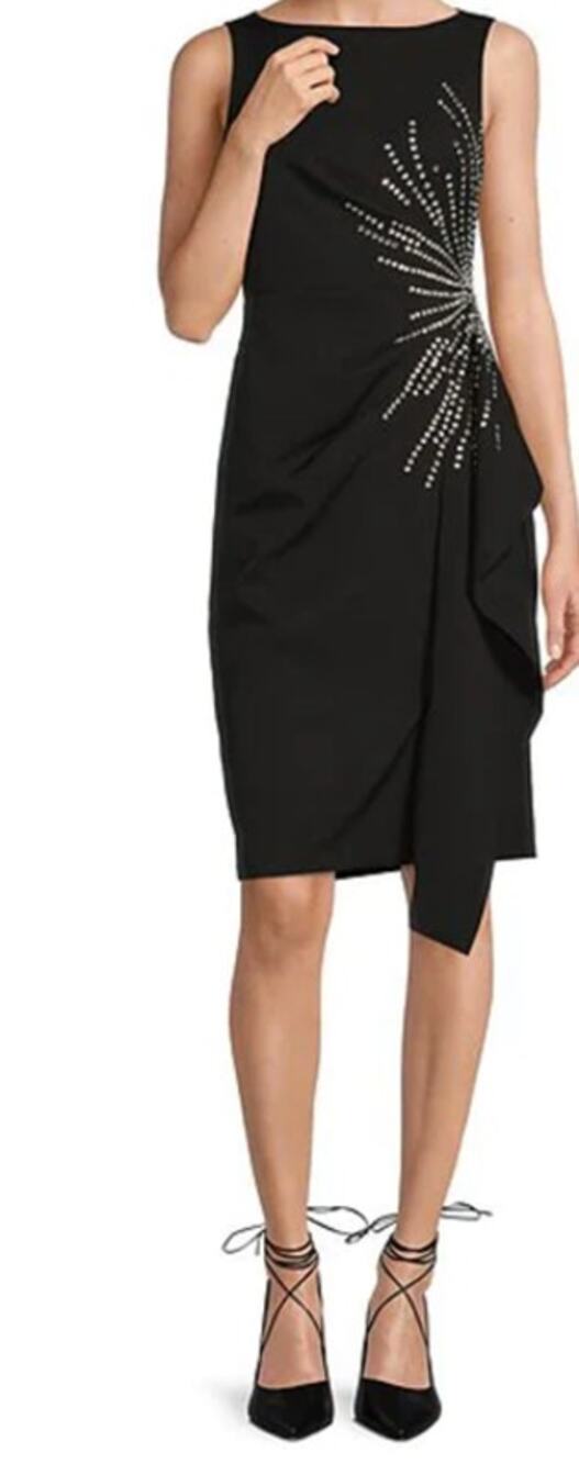 Eliza J dress black stretch boat neck sleeveless side ruffle